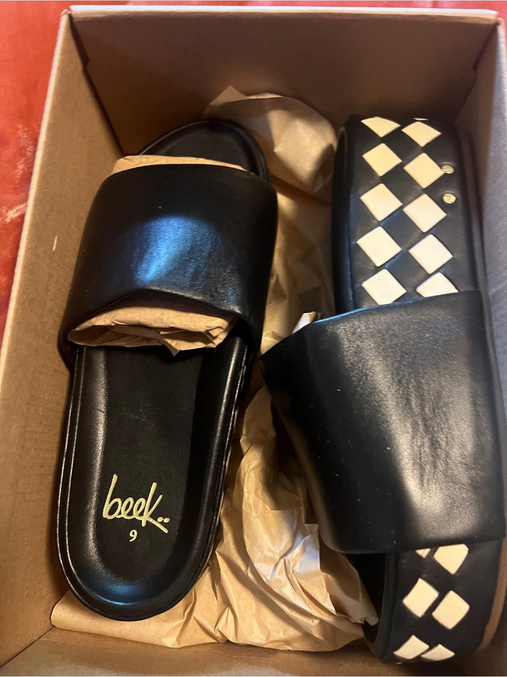 beek Black Slide Sandals with Cream Checkerboard Trim